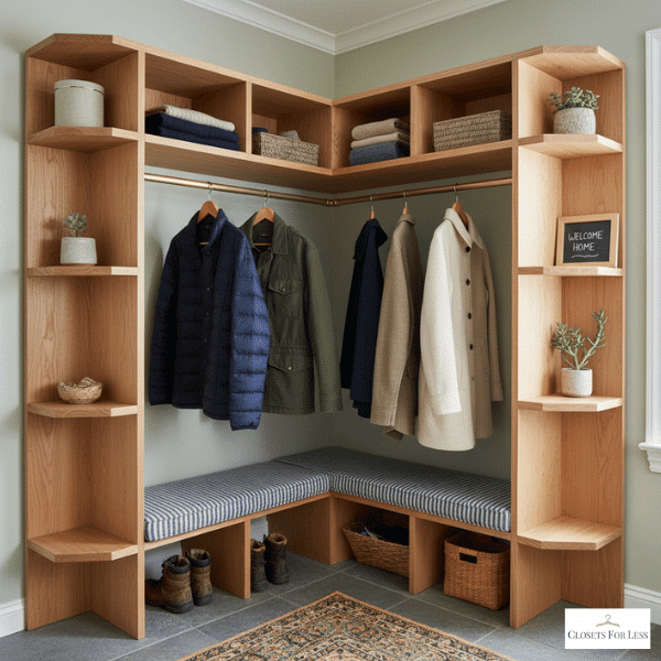 Angled mudroom closet with custom triangular shelving