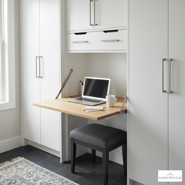 Drop-down desk workspace inside a mudroom closet niche