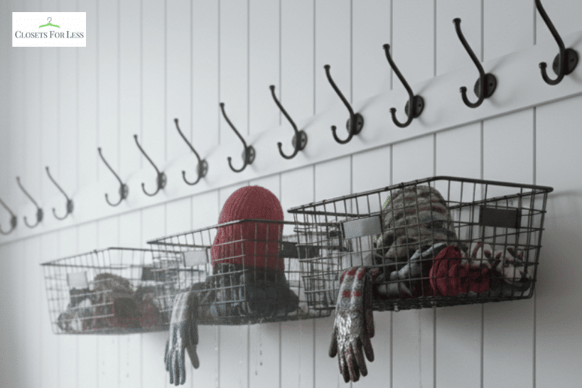 Hanging basket system in mudroom for drying damp gear