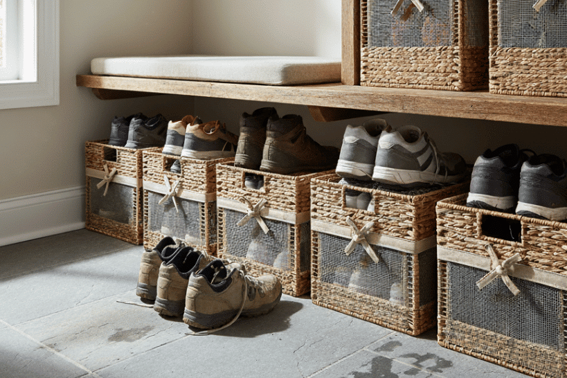Ventilated mesh front baskets for shoe storage in mudroom