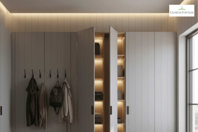 Mudroom closet with pivot lockers and rotating panels