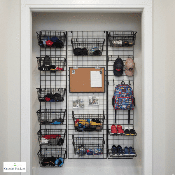 Wall-mounted grid system inside mudroom closet with hooks and bins